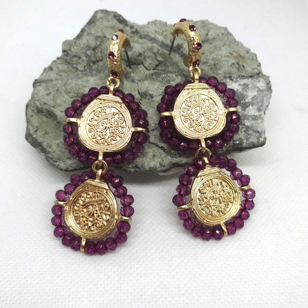 NEW Zara Purple Beaded Gold Coin Drop Earrings - Picture 3 of 4